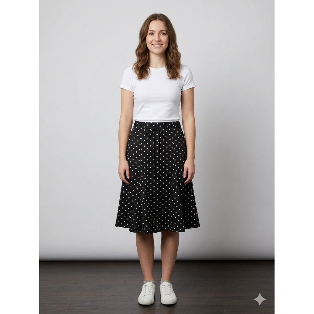 RIHOAS Polka Dot Tie Waist Midi Skirt Black White A-Line Ruffle Hem Large NEW